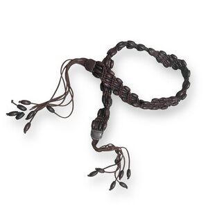 Macrame Tie Belt Brown Cotton Cord and Wood Bead Belt Tasseled Size Small